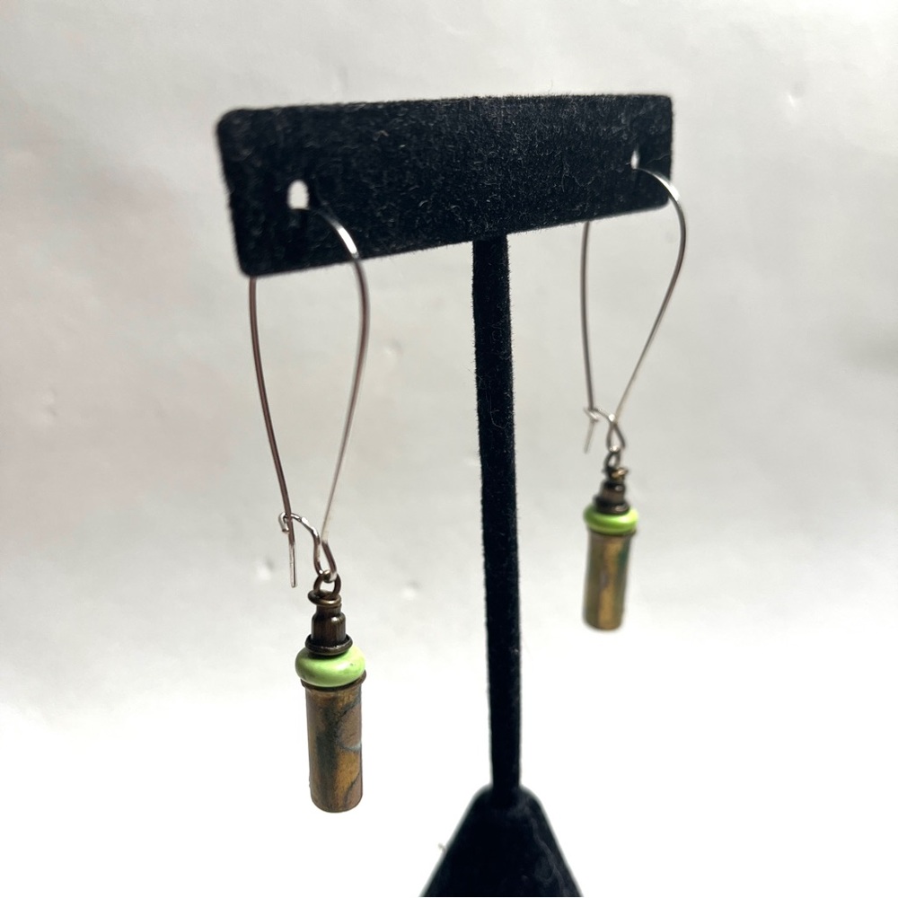 Lime Green Turquoise Stone & polka dot brass Bullet Shell Earrings Dangle. New